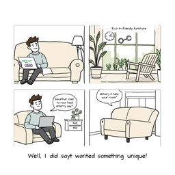 A humorous comic strip depicting a man shopping for sustainable furniture online