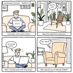 A humorous comic strip depicting a man shopping for sustainable furniture online