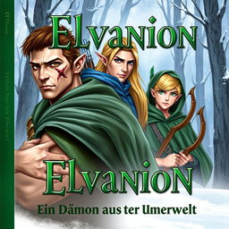 A fantasy book cover featuring a strong, older male elf in the foreground with short brown hair, brown eyes, and a scar on the left side of his face, wearing a green cloak