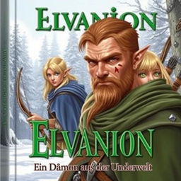 A fantasy book cover featuring a strong, older male elf in the foreground with short brown hair, brown eyes, and a scar on the left side of his face, wearing a green cloak