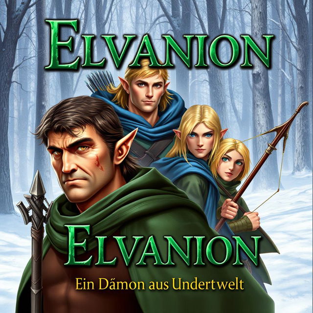 A fantasy book cover featuring a strong, older male elf in the foreground with short brown hair, brown eyes, and a scar on the left side of his face, wearing a green cloak