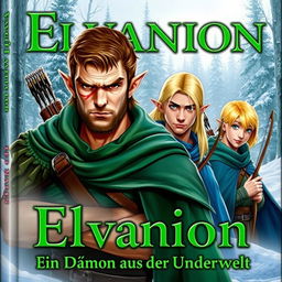 A fantasy book cover featuring a strong, older male elf in the foreground with short brown hair, brown eyes, and a scar on the left side of his face, wearing a green cloak