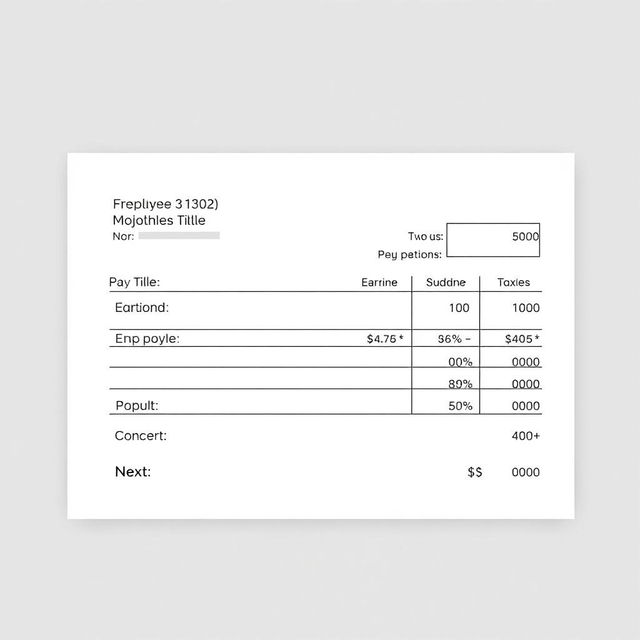 A realistic pay slip document, displaying standard components such as the employee's name, job title, employee ID, pay period, earnings, deductions, taxes, and net pay