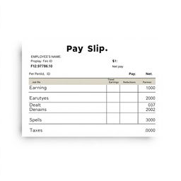 A realistic pay slip document, displaying standard components such as the employee's name, job title, employee ID, pay period, earnings, deductions, taxes, and net pay