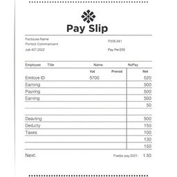 A realistic pay slip document, displaying standard components such as the employee's name, job title, employee ID, pay period, earnings, deductions, taxes, and net pay