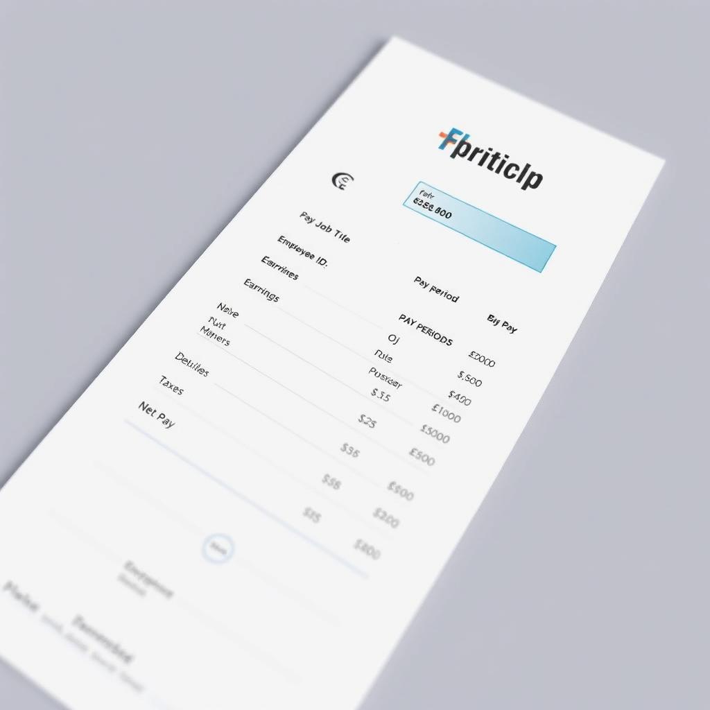 A realistic pay slip document, displaying standard components such as the employee's name, job title, employee ID, pay period, earnings, deductions, taxes, and net pay