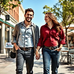 A young couple enjoying a sunny day as they head to lunch together