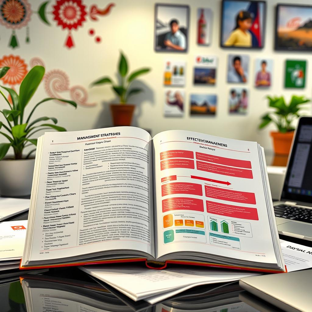 An open book on a desk showing detailed management strategies, financial data, and organizational charts specific to Dabur Nepal, surrounded by a modern office environment