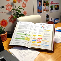 An open book on a desk showing detailed management strategies, financial data, and organizational charts specific to Dabur Nepal, surrounded by a modern office environment