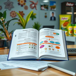 An open book on a desk showing detailed management strategies, financial data, and organizational charts specific to Dabur Nepal, surrounded by a modern office environment