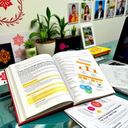 An open book on a desk showing detailed management strategies, financial data, and organizational charts specific to Dabur Nepal, surrounded by a modern office environment