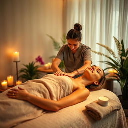 A serene and luxurious spa setting, where a skilled therapist is giving a sensual massage to a blissfully relaxed adult woman