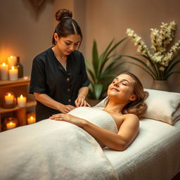 A serene and luxurious spa setting, where a skilled therapist is giving a sensual massage to a blissfully relaxed adult woman