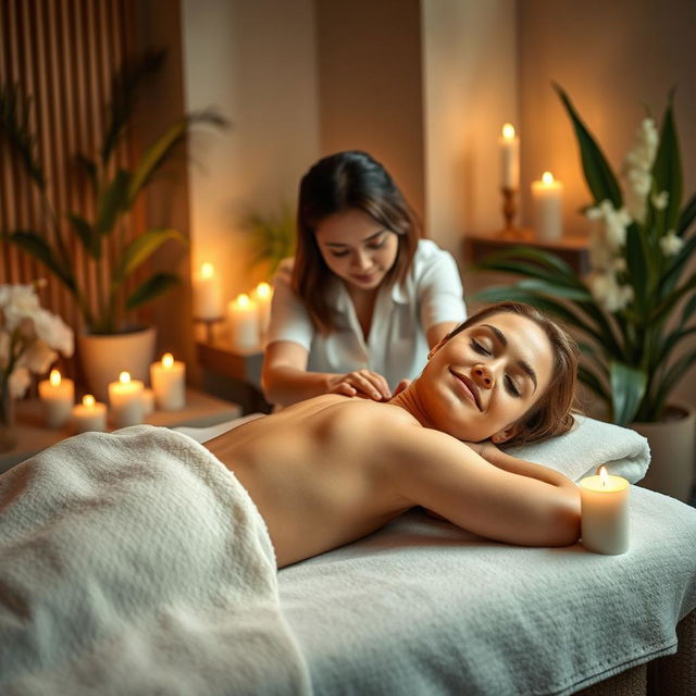 A serene and luxurious spa setting, where a skilled therapist is giving a sensual massage to a blissfully relaxed adult woman