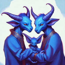 A heartwarming digital art of a family portrait featuring three blue Tieflings, one of which is a baby