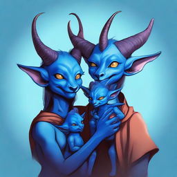 A heartwarming digital art of a family portrait featuring three blue Tieflings, one of which is a baby