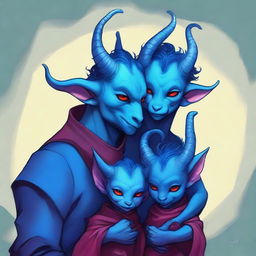 A heartwarming digital art of a family portrait featuring three blue Tieflings, one of which is a baby