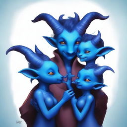 A heartwarming digital art of a family portrait featuring three blue Tieflings, one of which is a baby