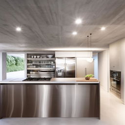 A well-lit, spacious kitchen with a large island in the center, stainless steel appliances, polished concrete floors, and white cupboards packed with cooking utensils and spices.