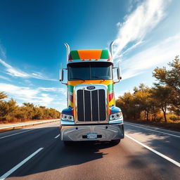 A semi-truck viewed from a top-down perspective, positioned with its body parallel to the longer side of the canvas