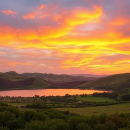 A stunning landscape featuring rolling hills under a golden sunset sky, with vibrant hues of orange and pink blending together