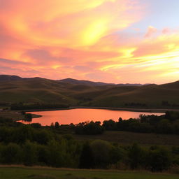 A stunning landscape featuring rolling hills under a golden sunset sky, with vibrant hues of orange and pink blending together