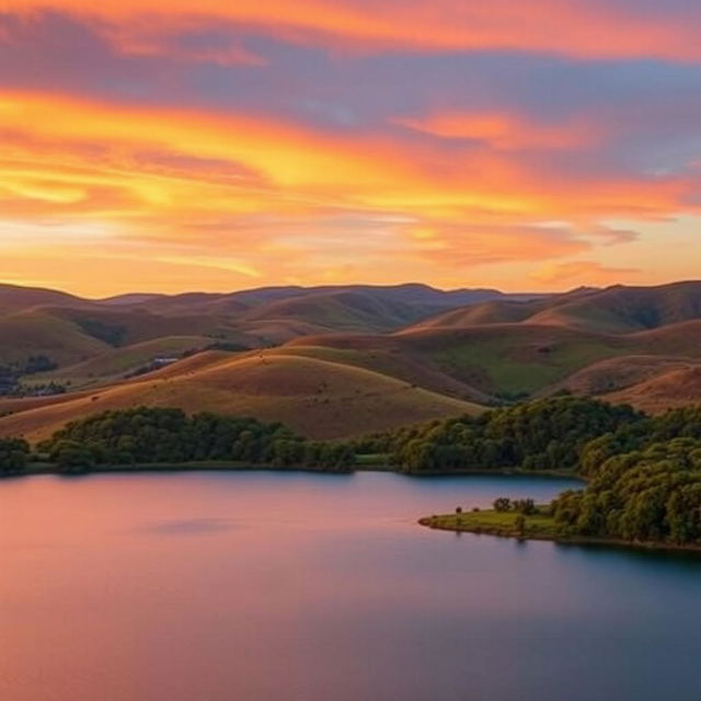 A stunning landscape featuring rolling hills under a golden sunset sky, with vibrant hues of orange and pink blending together