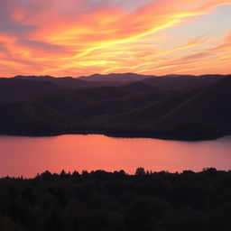 A stunning landscape featuring rolling hills under a golden sunset sky, with vibrant hues of orange and pink blending together