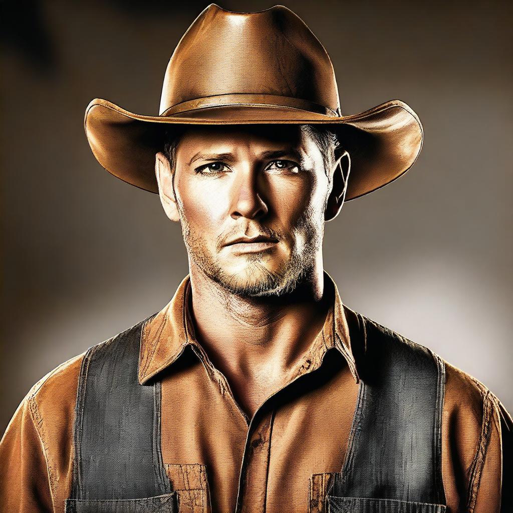 This high-quality digital art image depicts a man who closely resembles actor Jensen Ackles, portrayed as a Texas construction worker