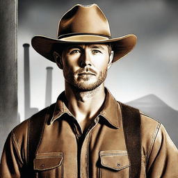 This high-quality digital art image depicts a man who closely resembles actor Jensen Ackles, portrayed as a Texas construction worker