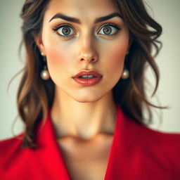 A beautiful 25-year-old woman, facing the camera directly with a surprised expression