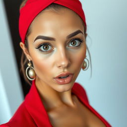 A beautiful 25-year-old woman, facing the camera directly with a surprised expression