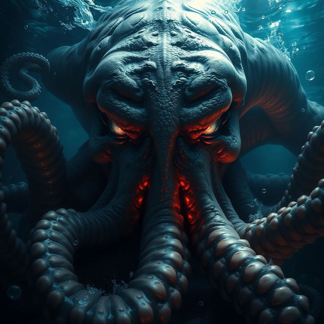 A stunning, detailed Kraken face emerging from the depths of the ocean, showcasing its massive tentacles and intricate textures of the skin