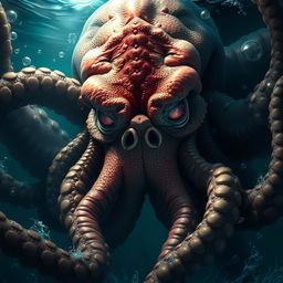 A stunning, detailed Kraken face emerging from the depths of the ocean, showcasing its massive tentacles and intricate textures of the skin