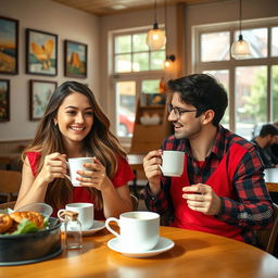 A cozy scene in a charming café featuring two adult friends enjoying coffee together