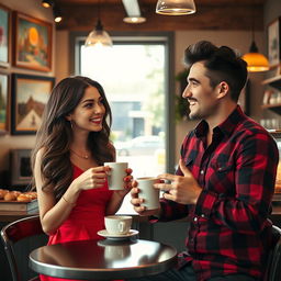 A cozy scene in a charming café featuring two adult friends enjoying coffee together