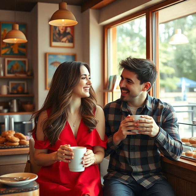 A cozy scene in a charming café featuring two adult friends enjoying coffee together