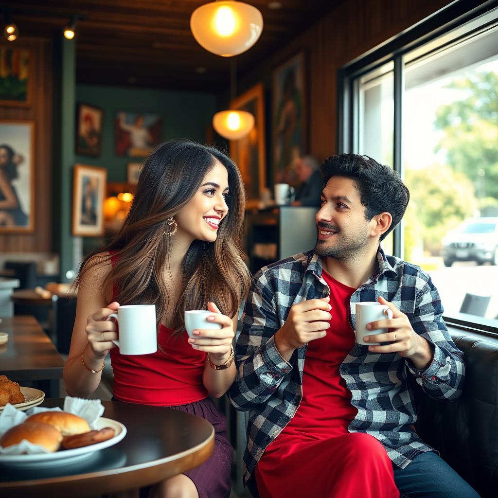 A cozy scene in a charming café featuring two adult friends enjoying coffee together