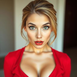 A beautiful 25-year-old woman, facing the camera directly with a surprised expression