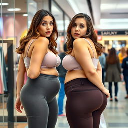 Two brunette girls in their twenties, both standing side by side in a shopping mall