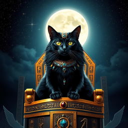 A majestic cat god sitting atop a throne made of gold and precious stones