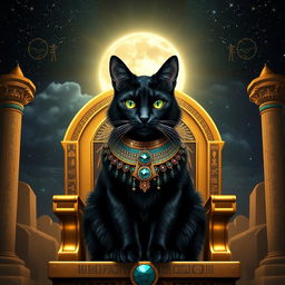 A majestic cat god sitting atop a throne made of gold and precious stones