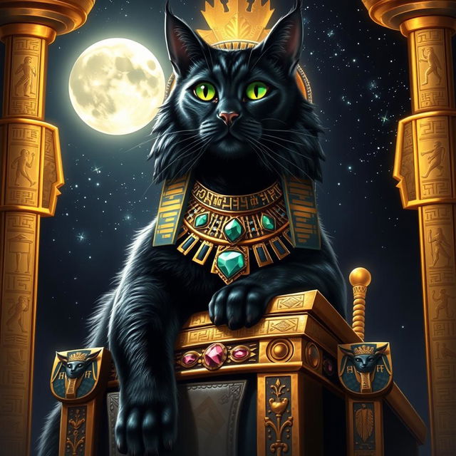 A majestic cat god sitting atop a throne made of gold and precious stones