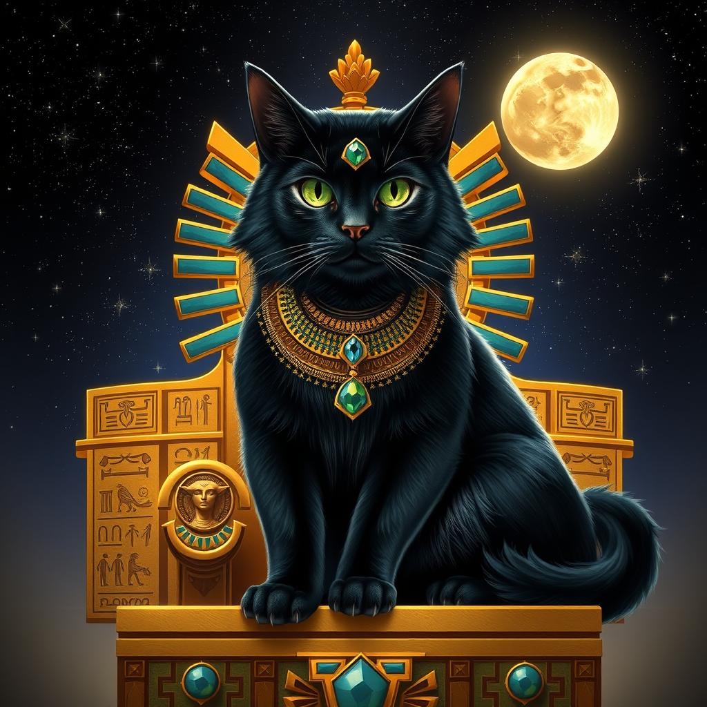 A majestic cat god sitting atop a throne made of gold and precious stones