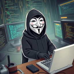 A whimsical and imaginative depiction of an anonymous hacker penguin