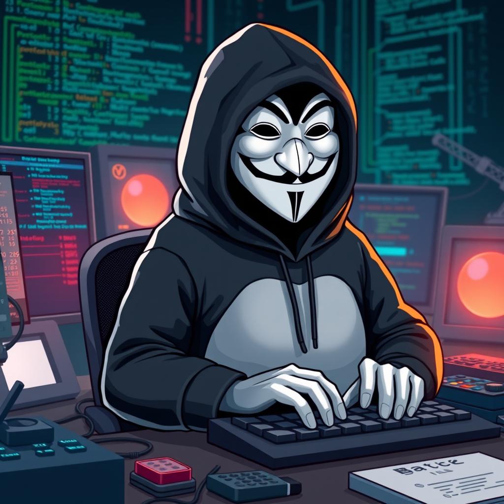 A whimsical and imaginative depiction of an anonymous hacker penguin