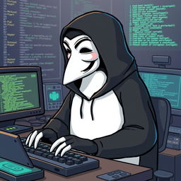 A whimsical and imaginative depiction of an anonymous hacker penguin