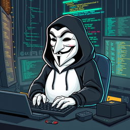 A whimsical and imaginative depiction of an anonymous hacker penguin