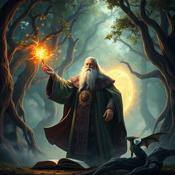 An epic scene featuring a powerful wizard casting a spell in a mystical forest