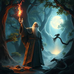 An epic scene featuring a powerful wizard casting a spell in a mystical forest
